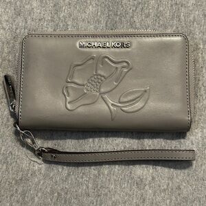 Michael Kors Embossed Flower Zip-Around Phone Case Wristlet Wallet, Gray, NWT